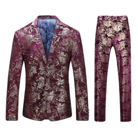 2-Piece Slim Fit Digital Print Suit Red Gold