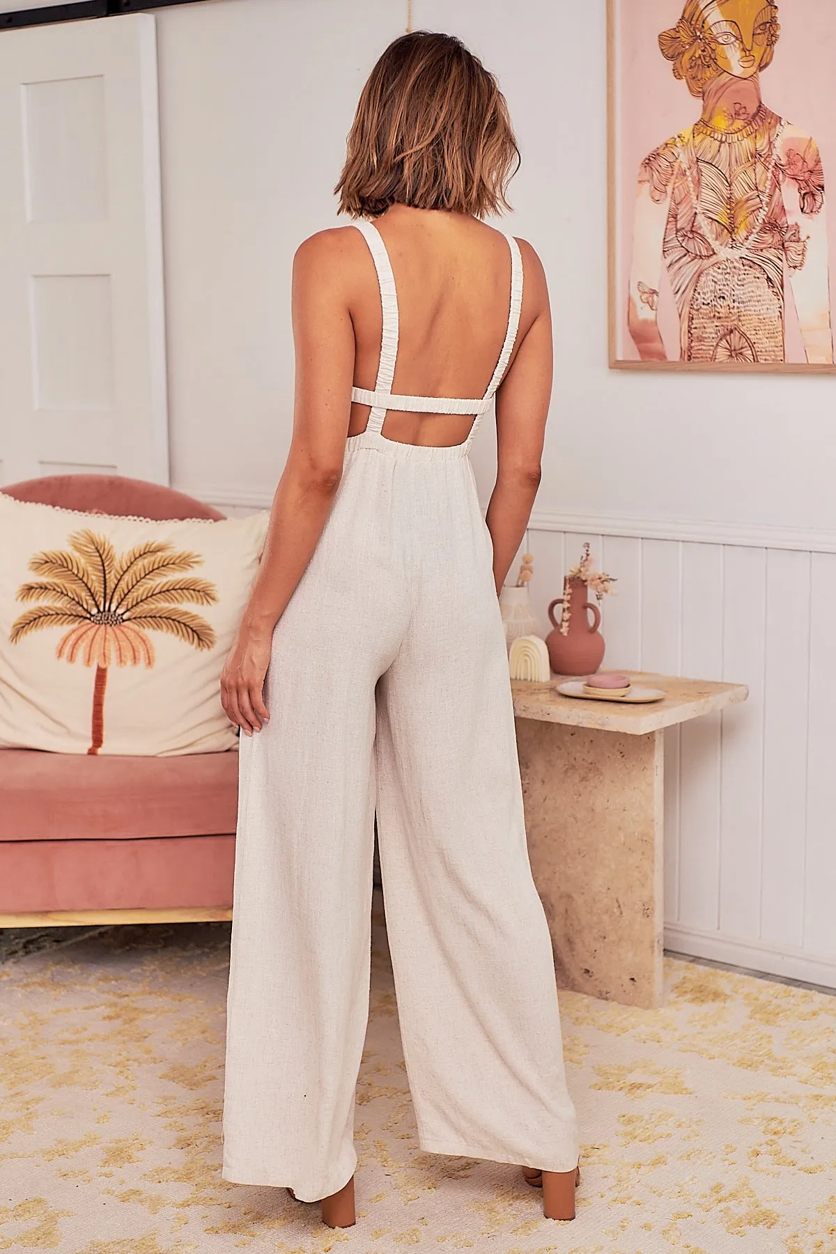 Amira Beige Linen Backless Jumpsuit