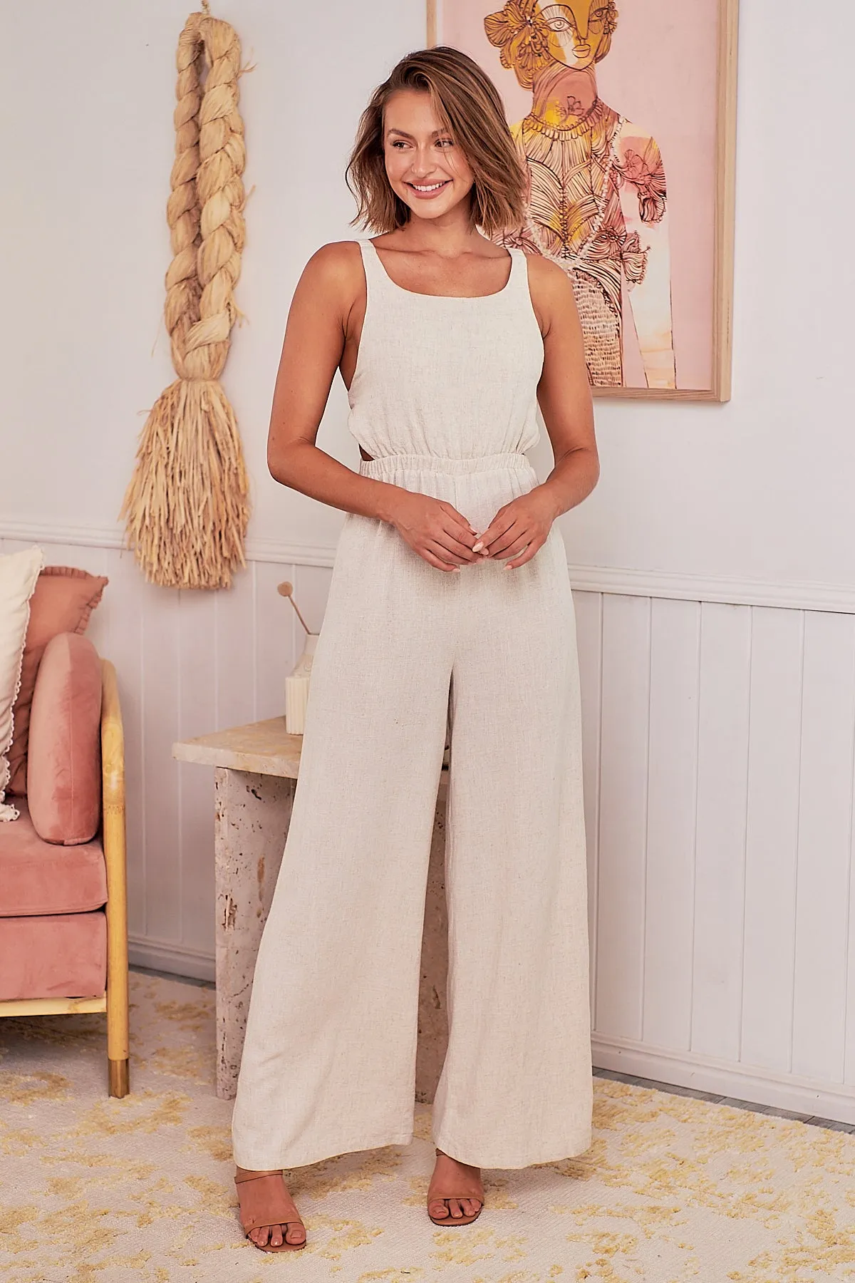 Amira Beige Linen Backless Jumpsuit