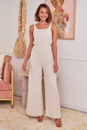 Amira Beige Linen Backless Jumpsuit