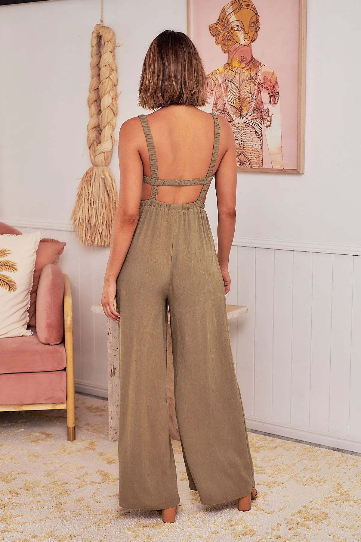 Amira Khaki Linen Backless Jumpsuit