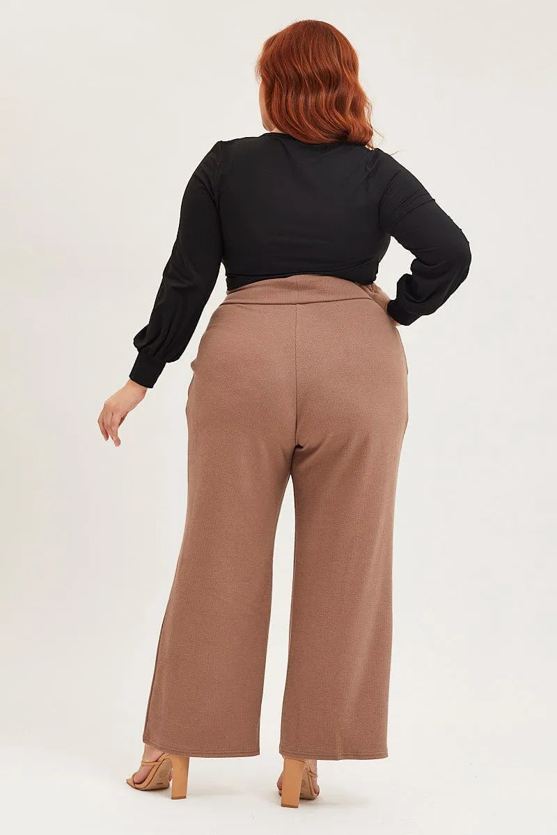 Beige Rib Jersey Wide Leg Beige Pant