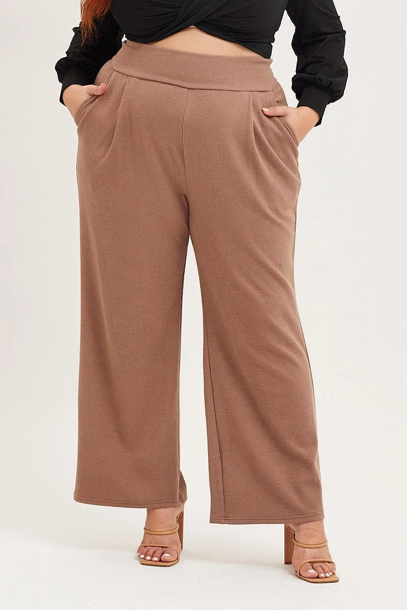 Beige Rib Jersey Wide Leg Beige Pant