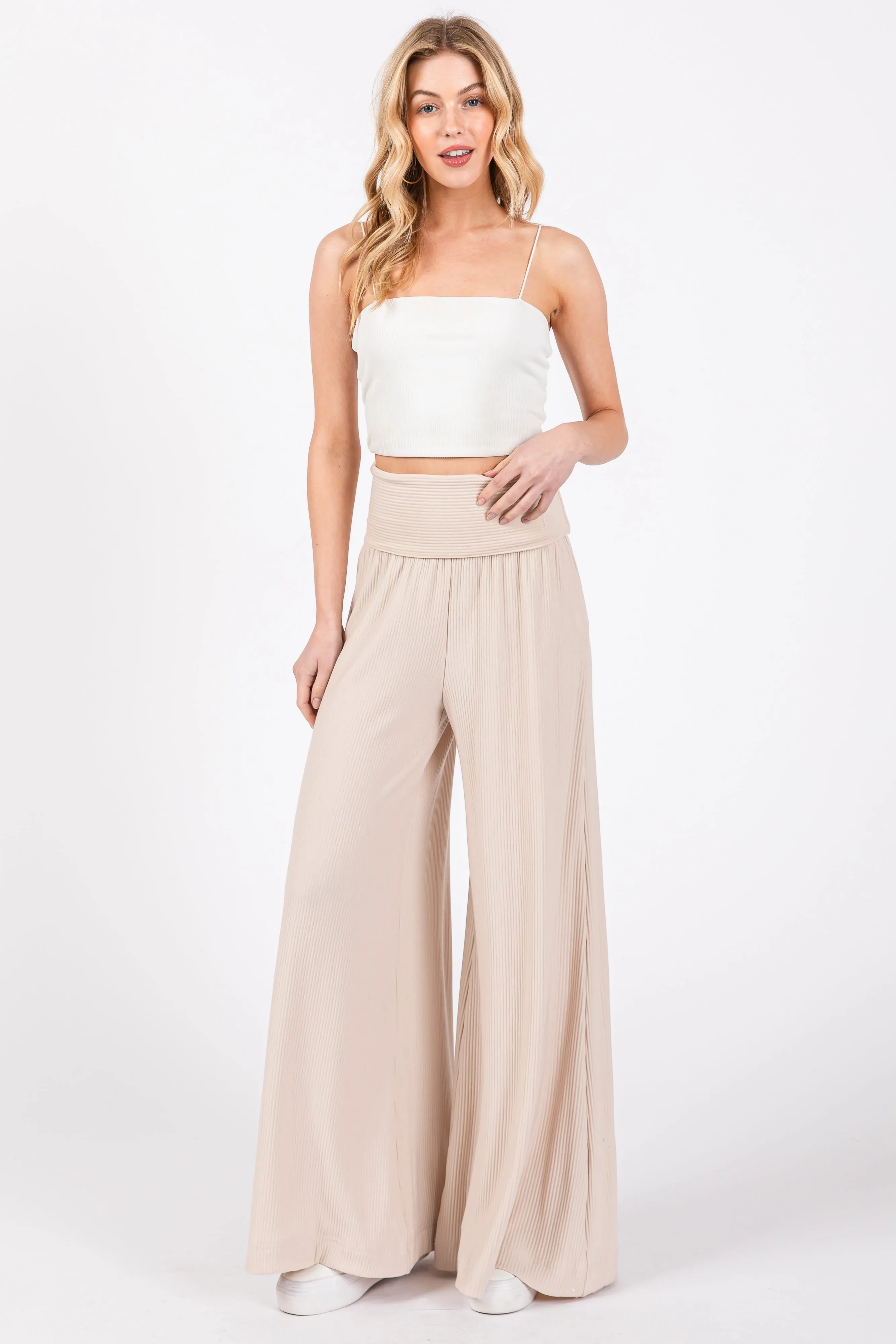 Beige Ribbed Foldover Waist Maternity Wide Leg Pants