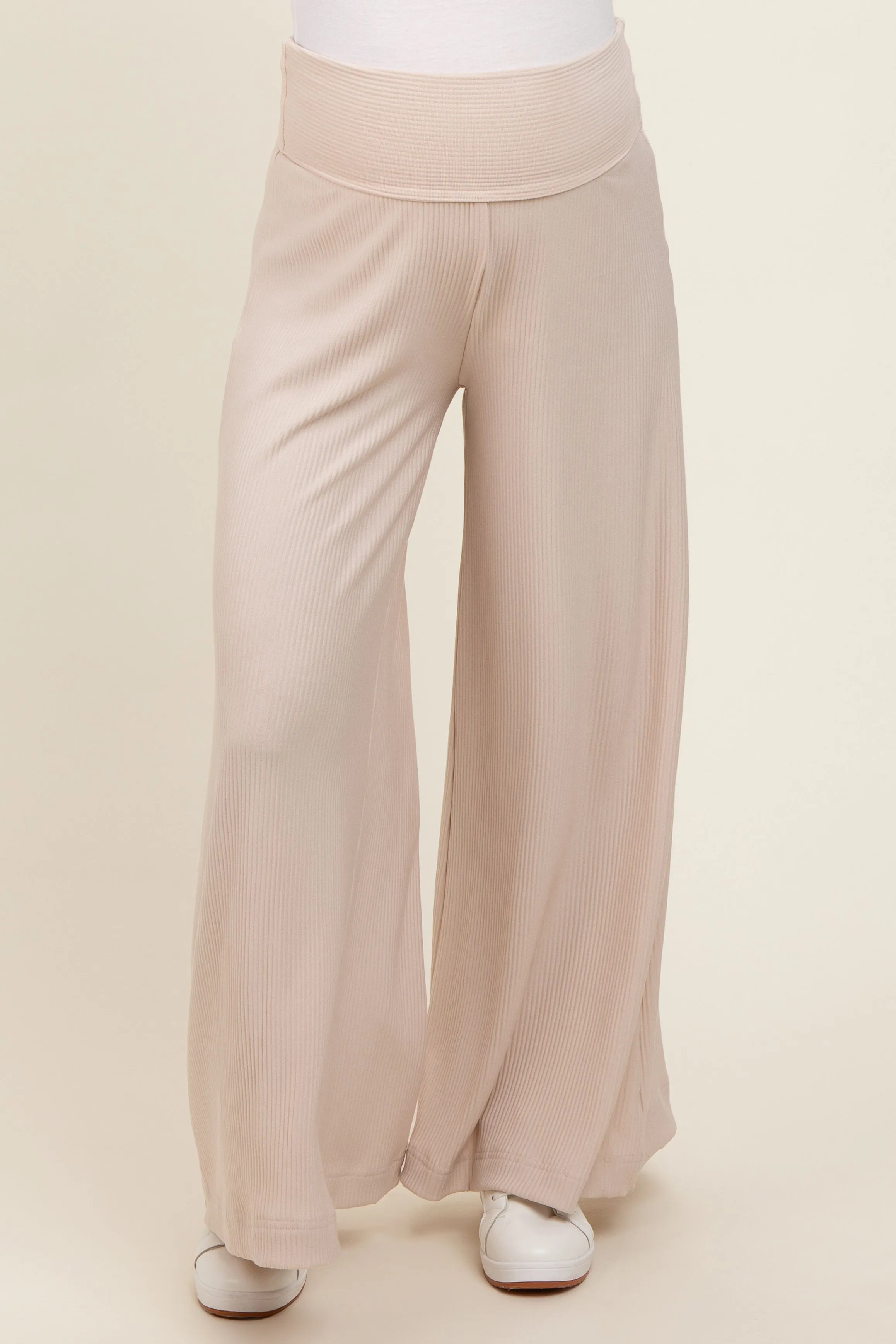 Beige Ribbed Foldover Waist Maternity Wide Leg Pants