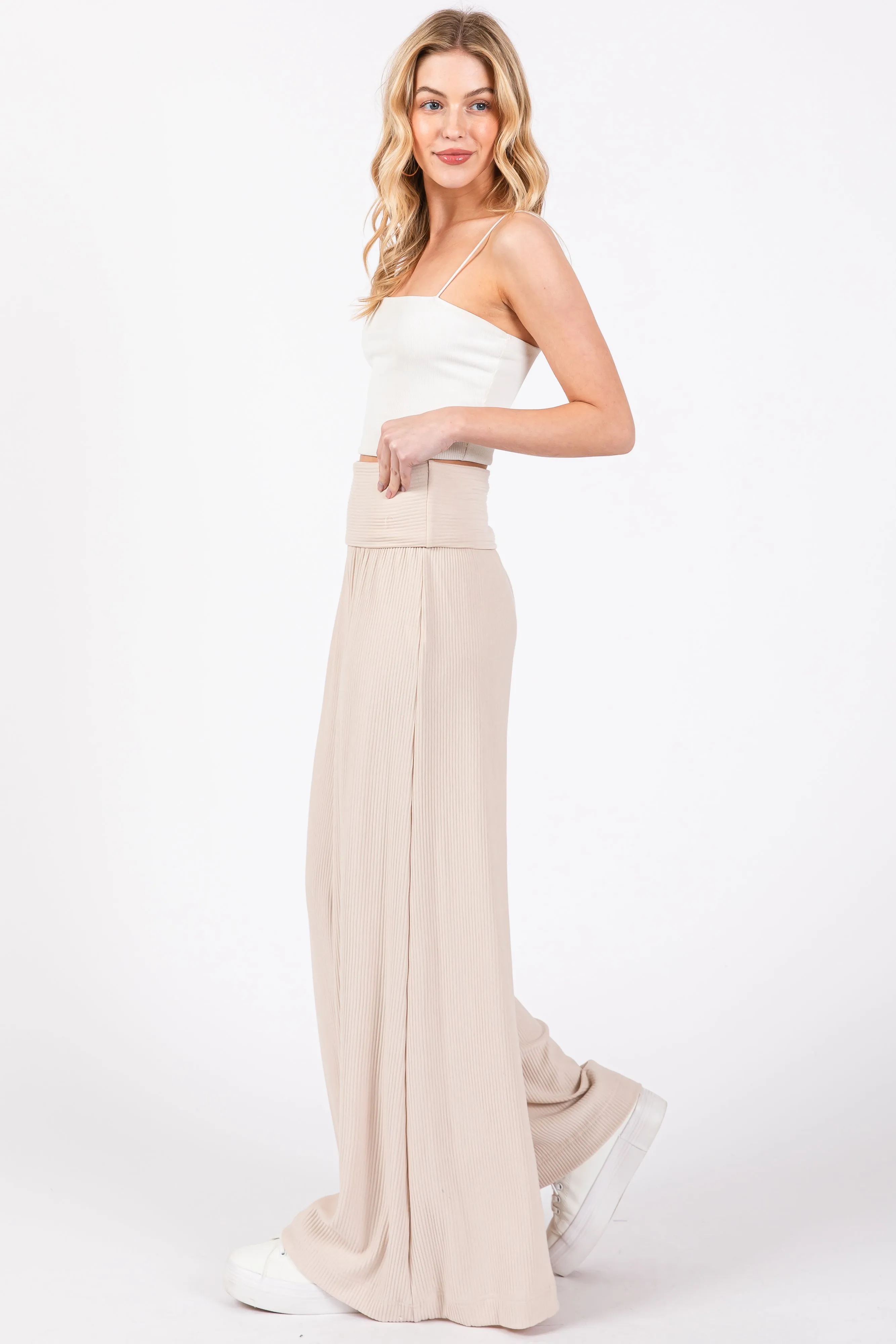 Beige Ribbed Foldover Waist Wide Leg Pants