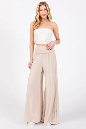 Beige Ribbed Foldover Waist Wide Leg Pants