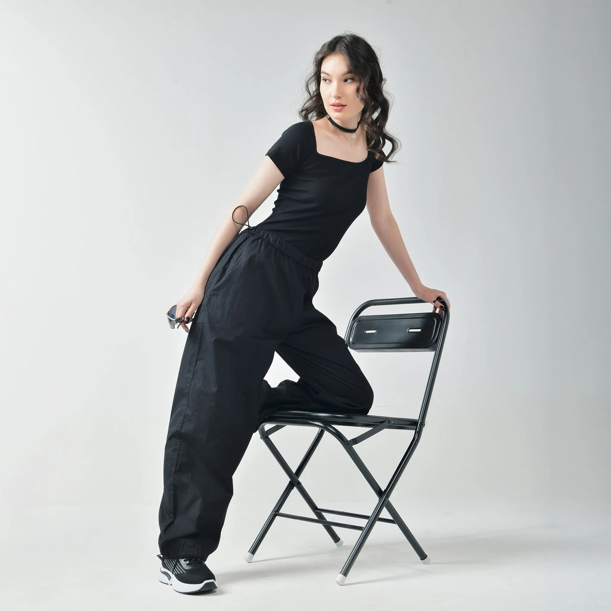 Black Square Neck Top & Black Parachute Pants