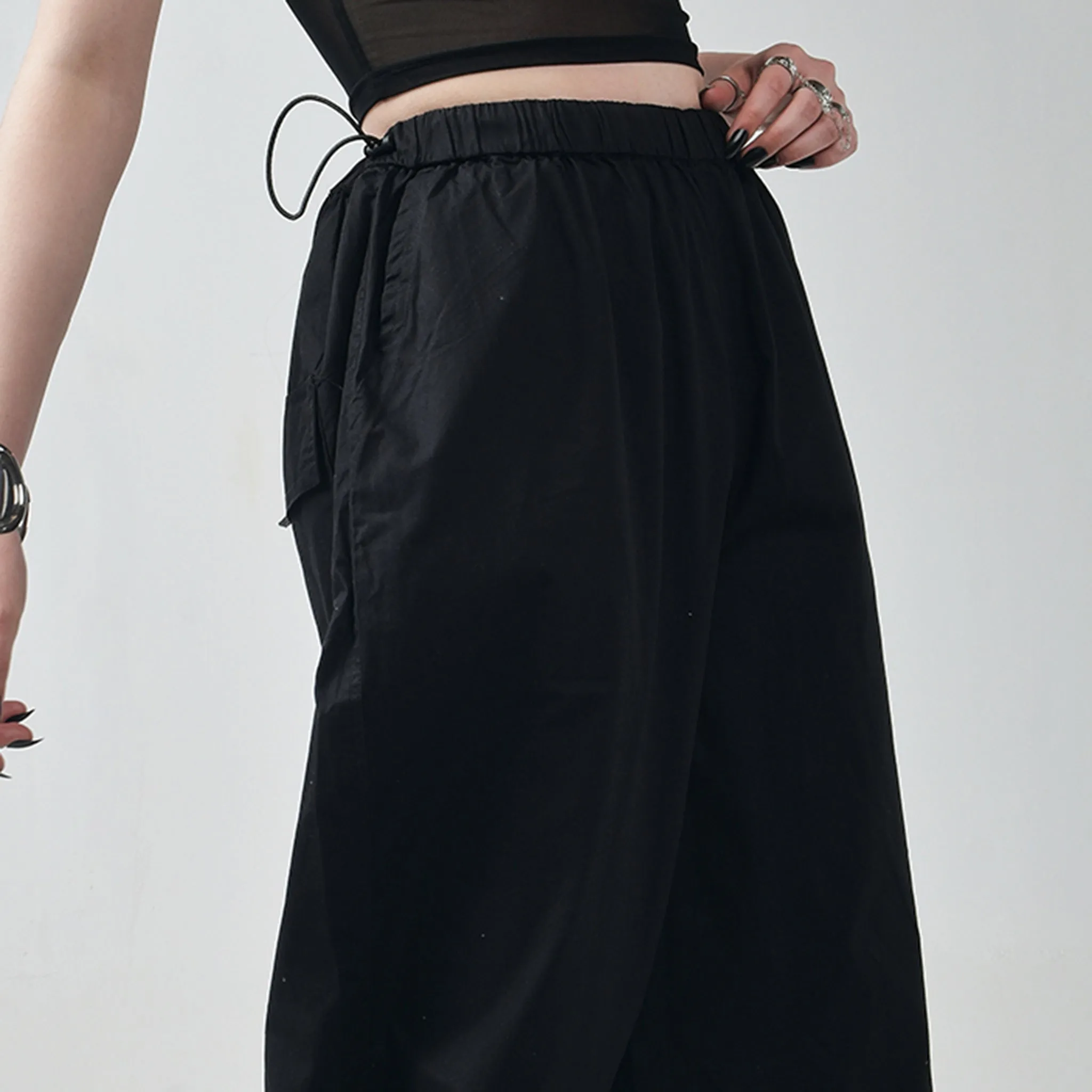 Black Square Neck Top & Black Parachute Pants