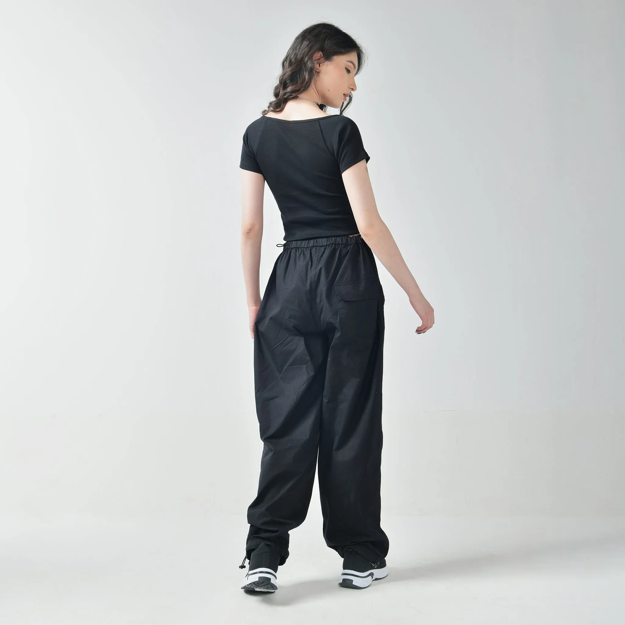 Black Square Neck Top & Black Parachute Pants