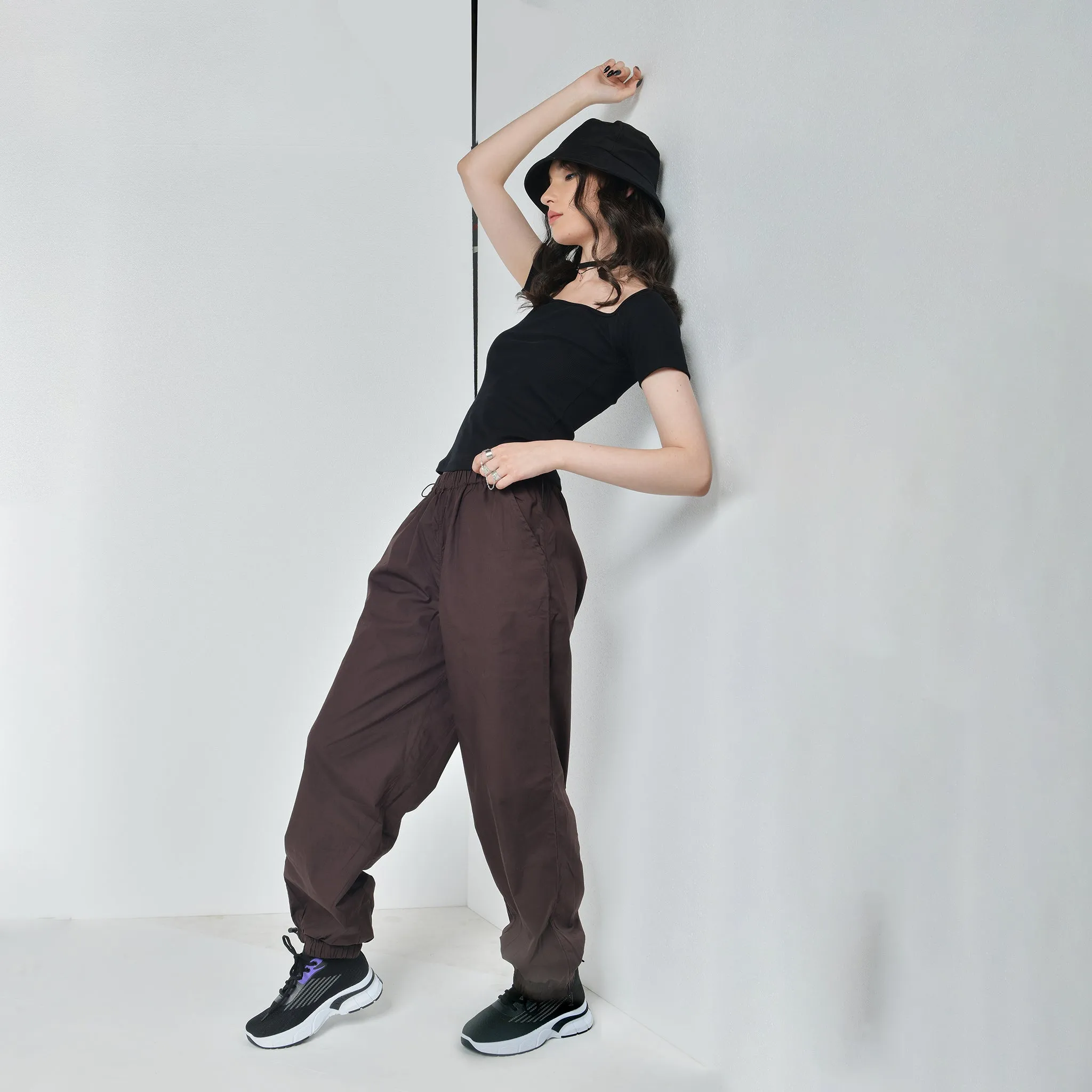 Black Square Neck Top & Brown Parachute Pants