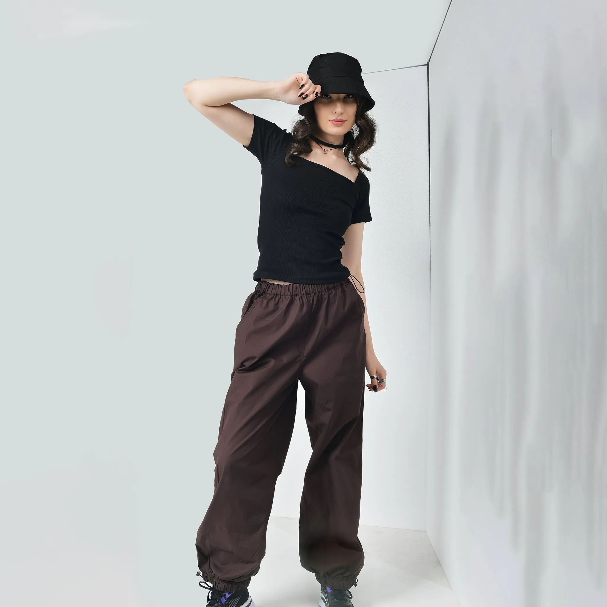 Black Square Neck Top & Brown Parachute Pants