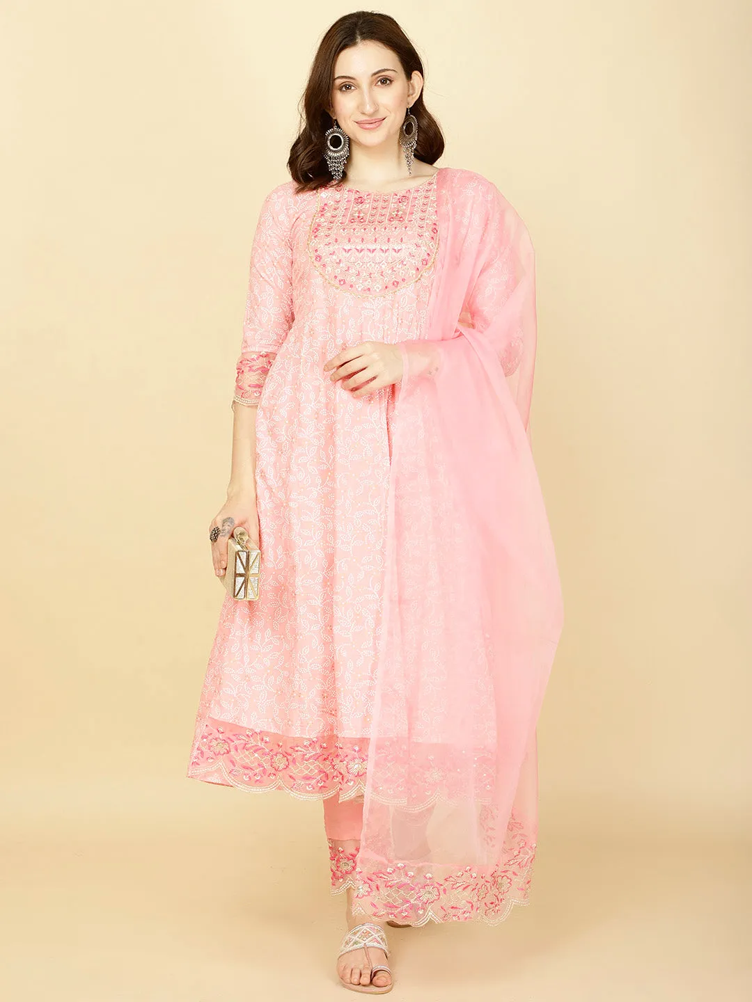 Booti Printed Cotton Kurta With Pants & Dupatta