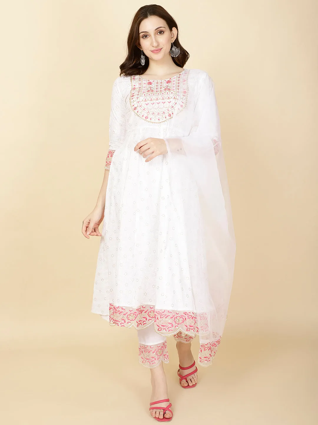 Booti Printed Cotton Kurta With Pants & Dupatta