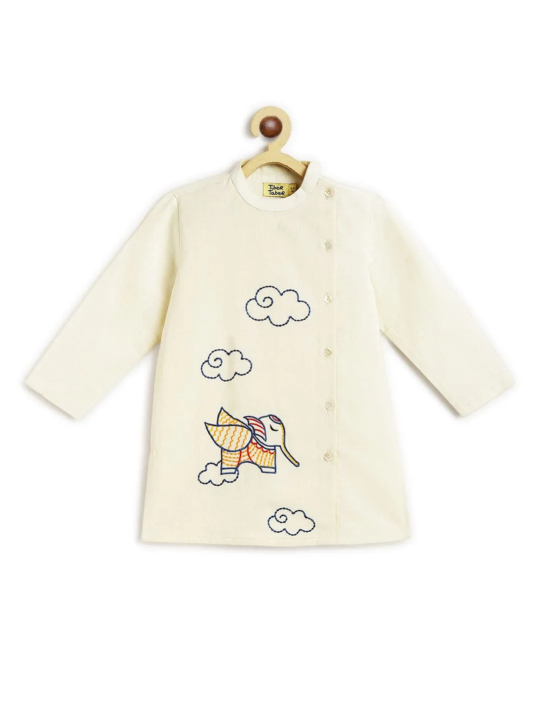 Boy Elephant Kurta Pyjama Set - Cream