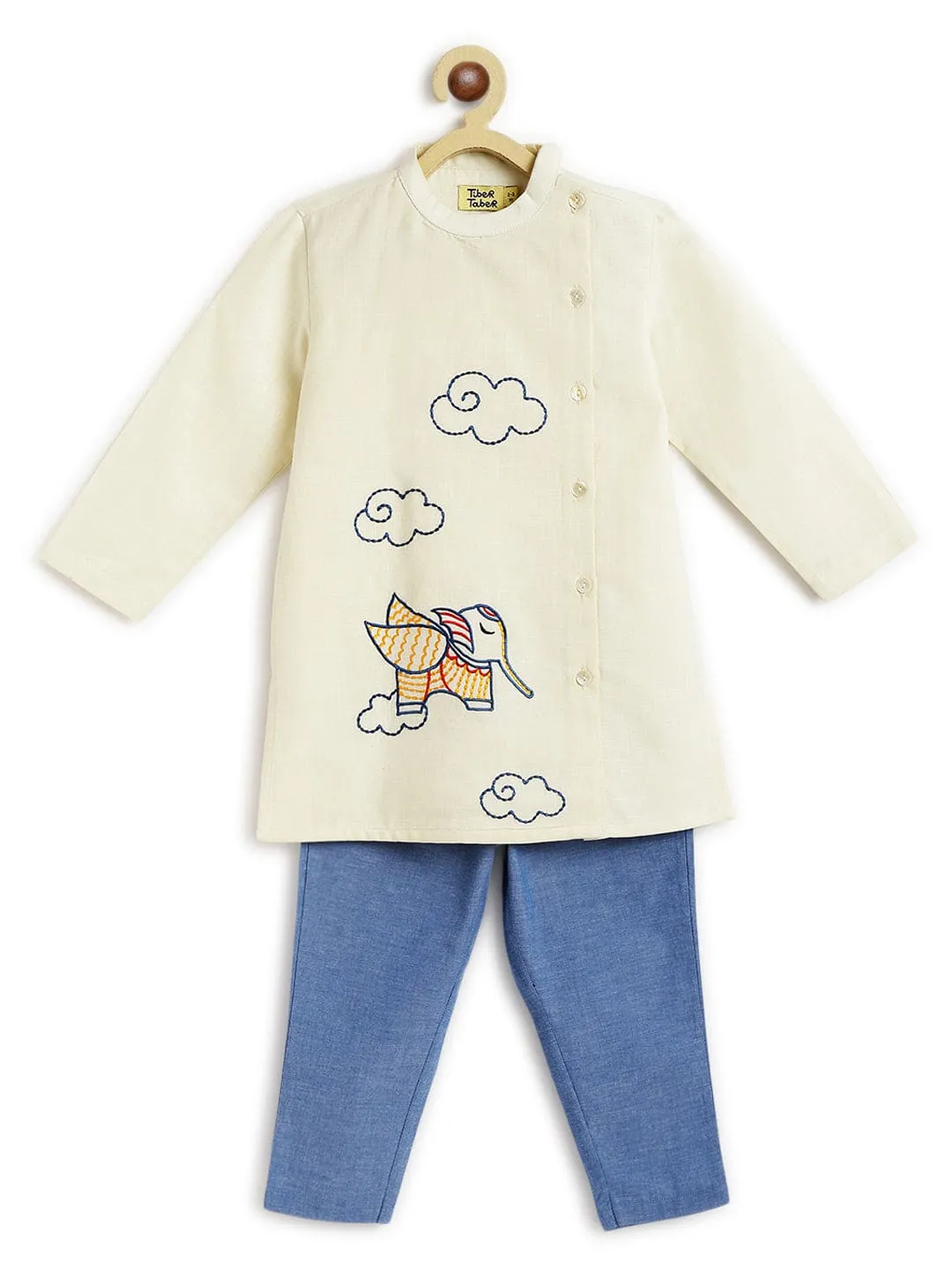 Boy Elephant Kurta Pyjama Set - Cream