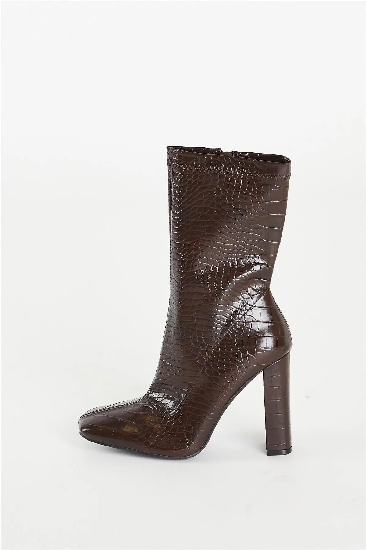 Brown Croc Calf High Heeled Boot