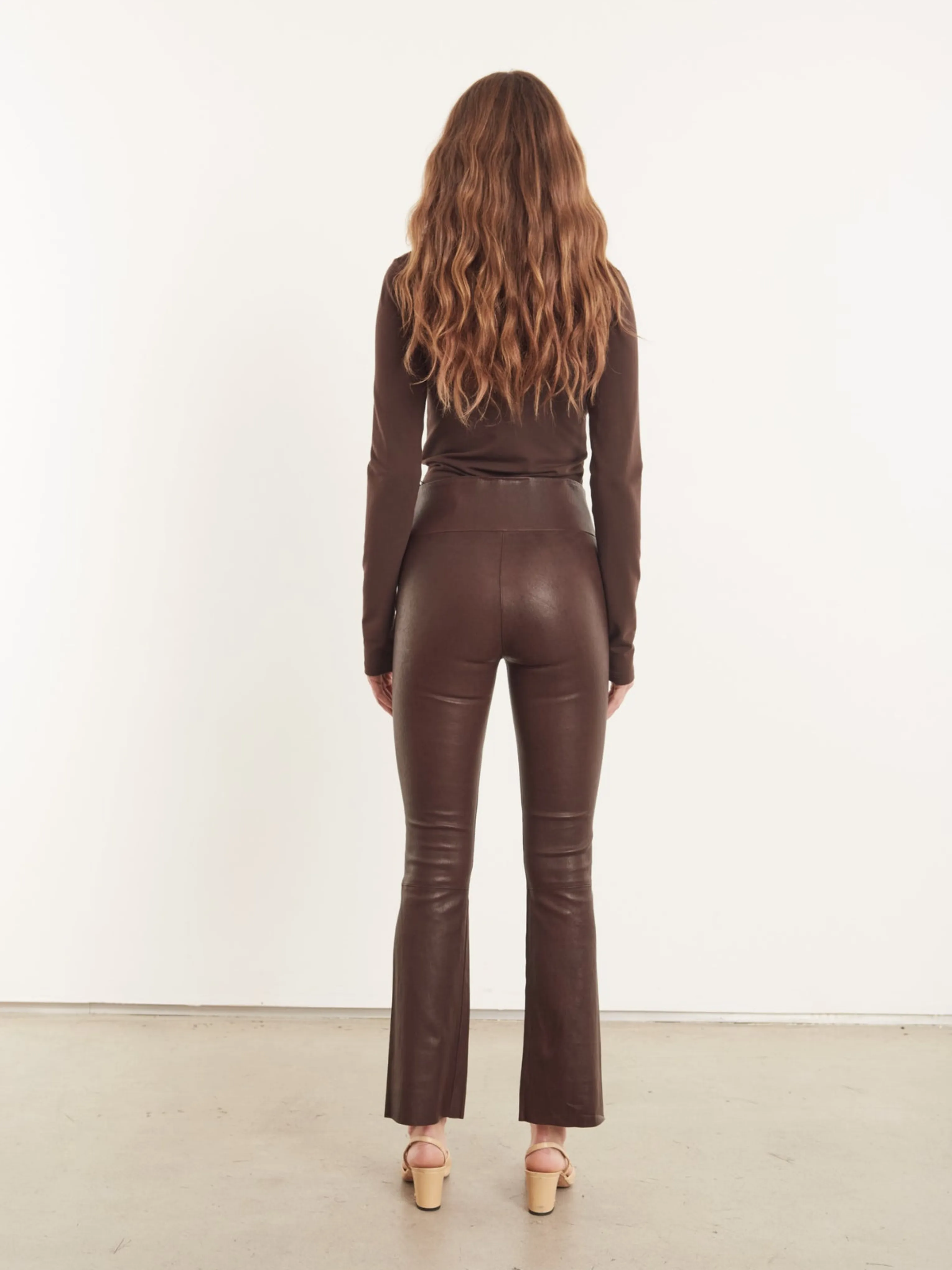 Brown Stretch Leather Pull-On Micro Flare Pants