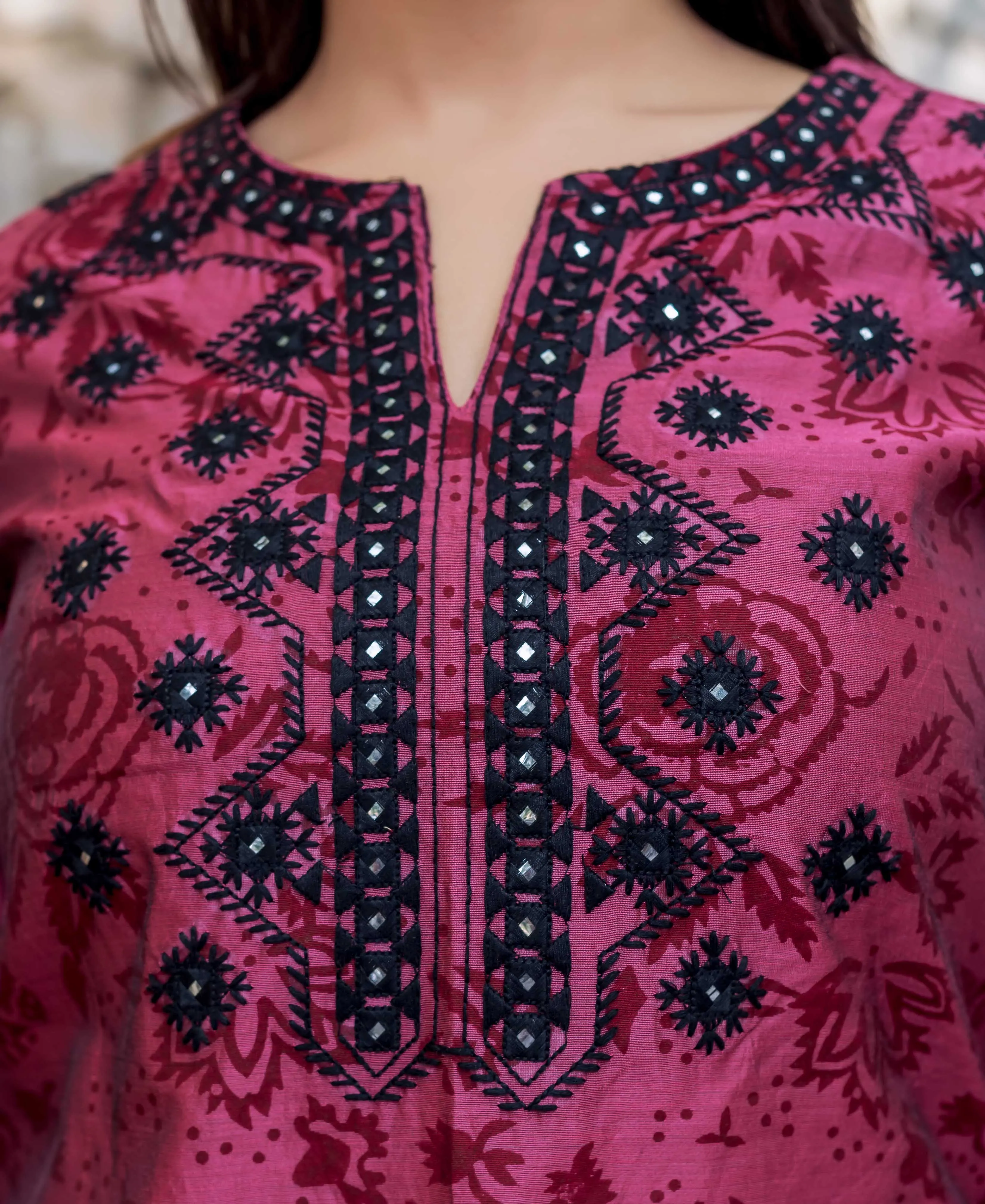 Burgundy Chanderi Block Printed Kurta