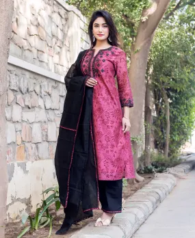 Burgundy Chanderi Block Printed Kurta