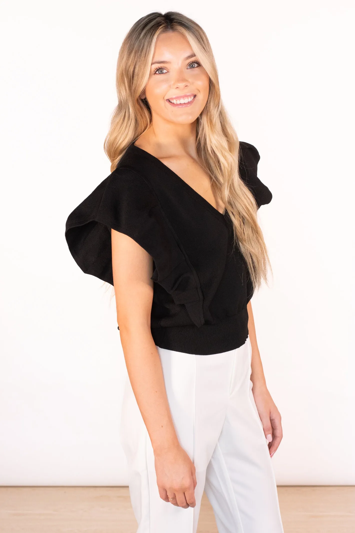 Confident Poise Black Ruffle Top