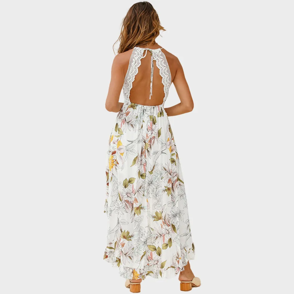 Deep V Hollow Lace Irregular Maxi Dress