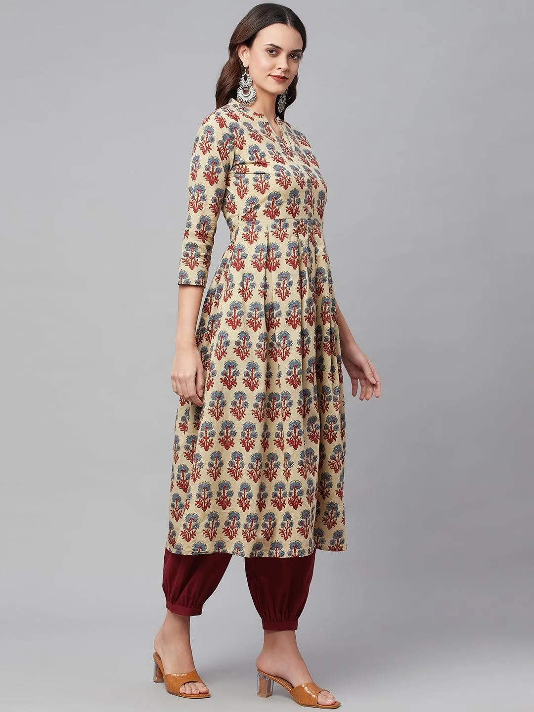 Divena Beige Cotton A-Line Kurta Hem Cuffed Pant set