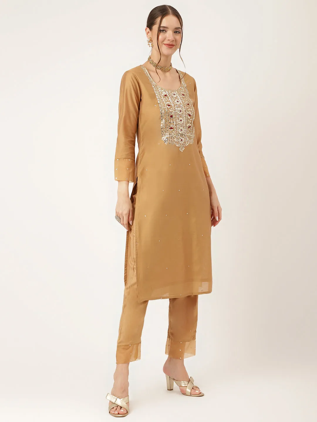 Divena Brown Embroidered Chanderi  Kurta, Trouser With Dupatta