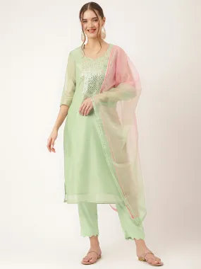 Divena Green Pink Embroidered  Chanderi  Kurta, Trouser With Dupatta