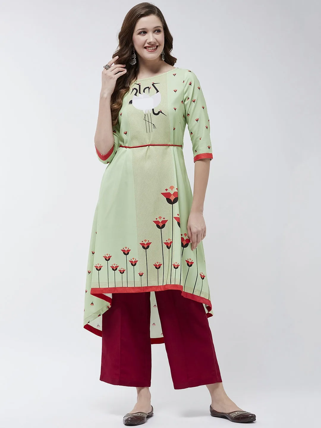 Dori Asymmetric Flamingo Printed Kurta