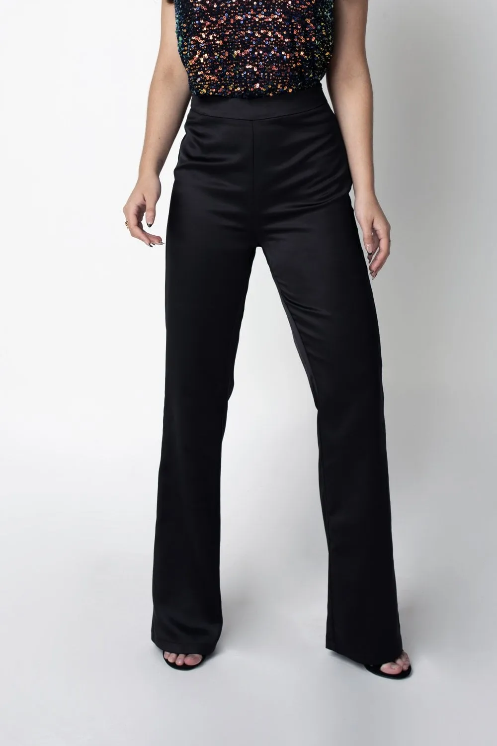 Double Second Black Satin Boot Leg Trouser