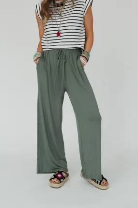 Forever Comfy Drawstring Wide Leg Pants - Light Olive