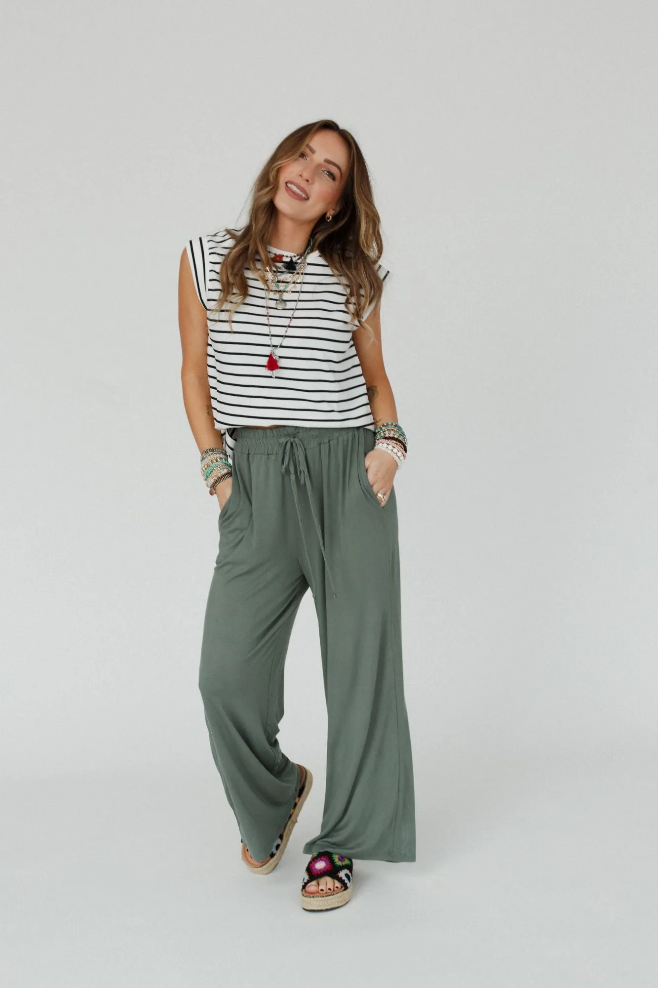 Forever Comfy Drawstring Wide Leg Pants - Light Olive