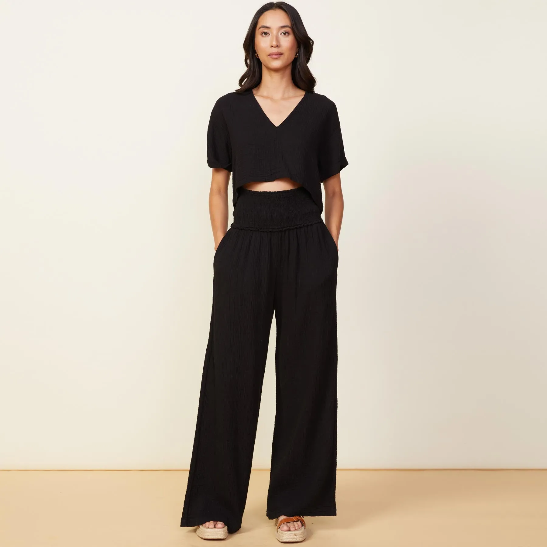 Gauze Smocked Flare Pant