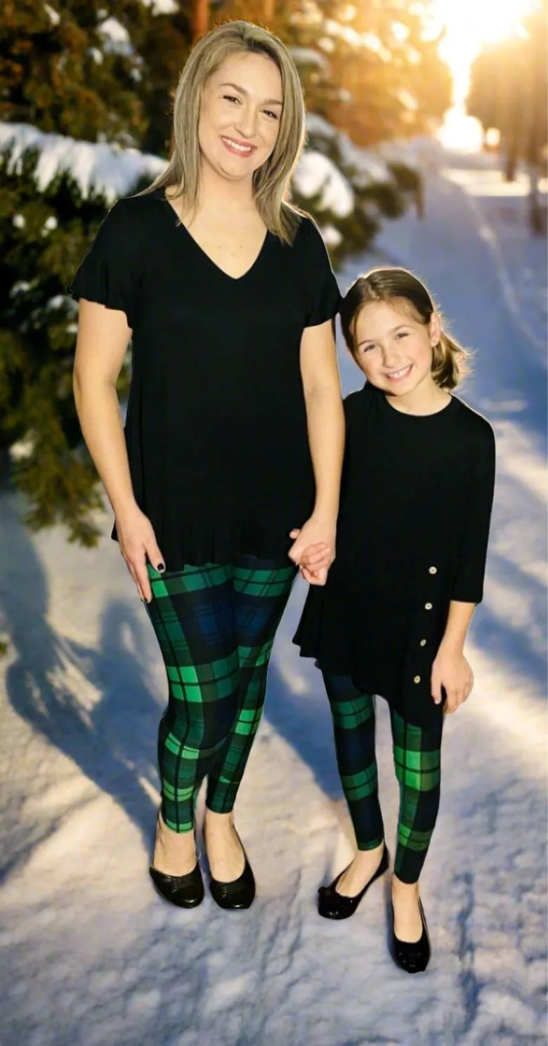 Girls Plaid Leggings, Kids Yoga Pants, Sizes S/L, No-Roll Waist, Green/Blue