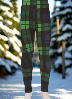 Girls Plaid Leggings, Kids Yoga Pants, Sizes S/L, No-Roll Waist, Green/Blue