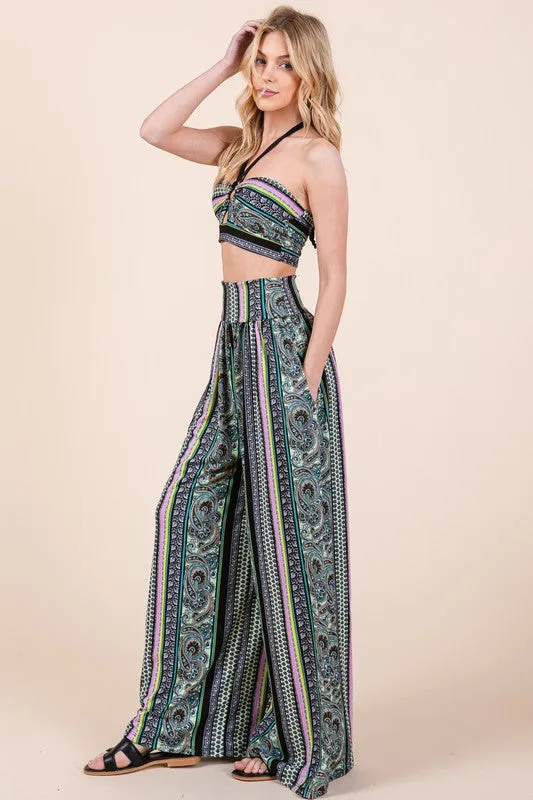 Halter Crop Top with Wide Leg Pants with Pockets