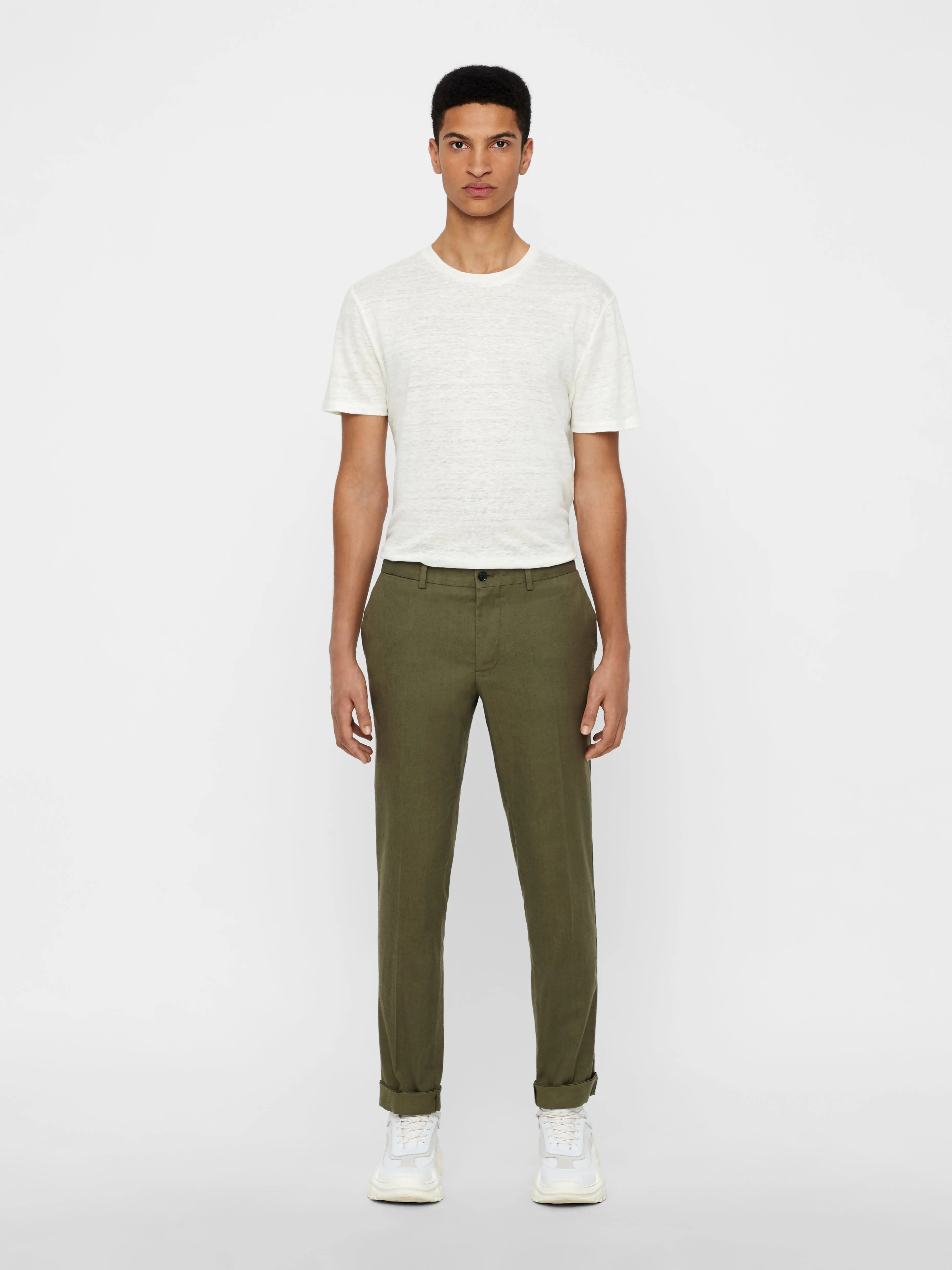 J.Lindeberg Mens Grant Cotton Linen Stretch Pants - IVY GREEN