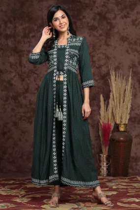 Juniper Jade Green Ethnic Motif Printed Rayon Jacket Style Kurta & Pants Set.