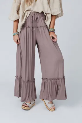 Khaki Frilled Drawstring High Waist Wide Leg Pants