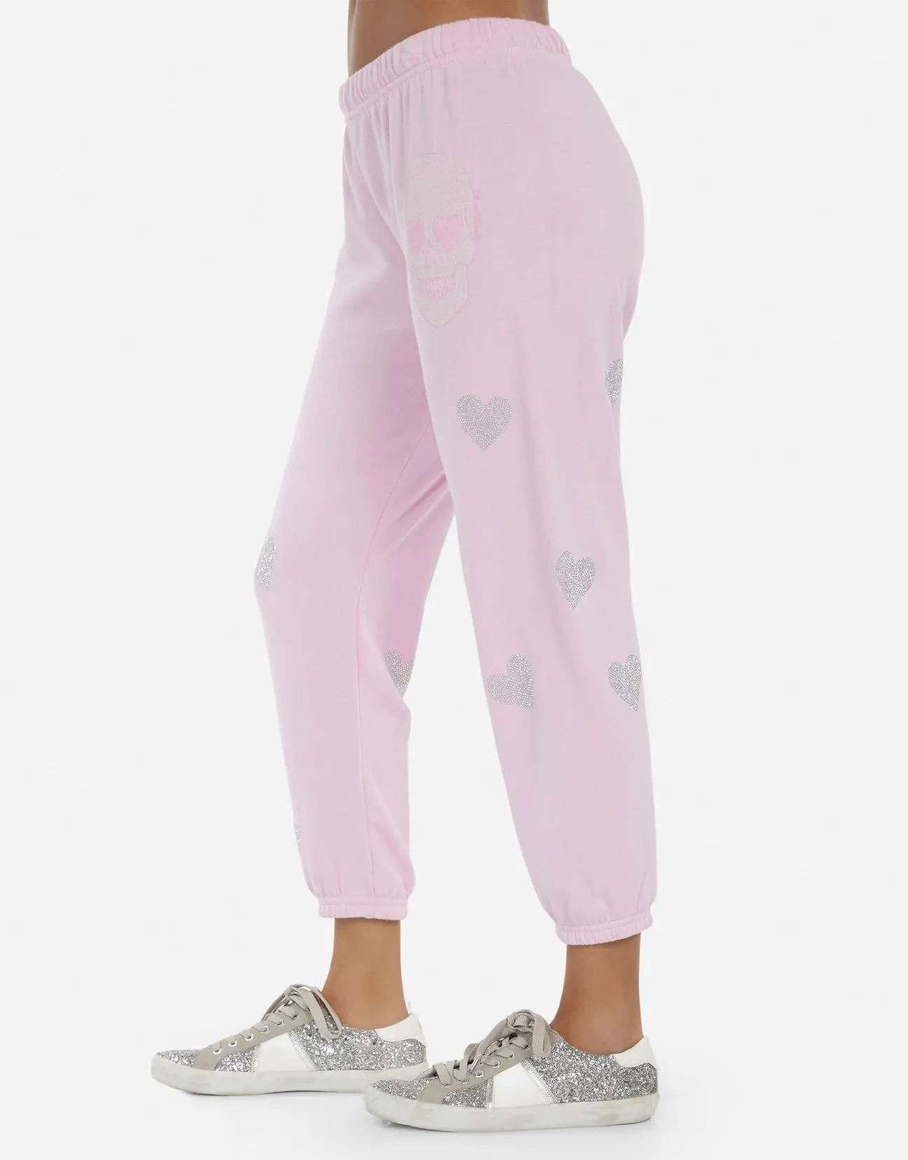 Lauren Moshi Alana Crystal Pink Peace Love Skull Sweatpants