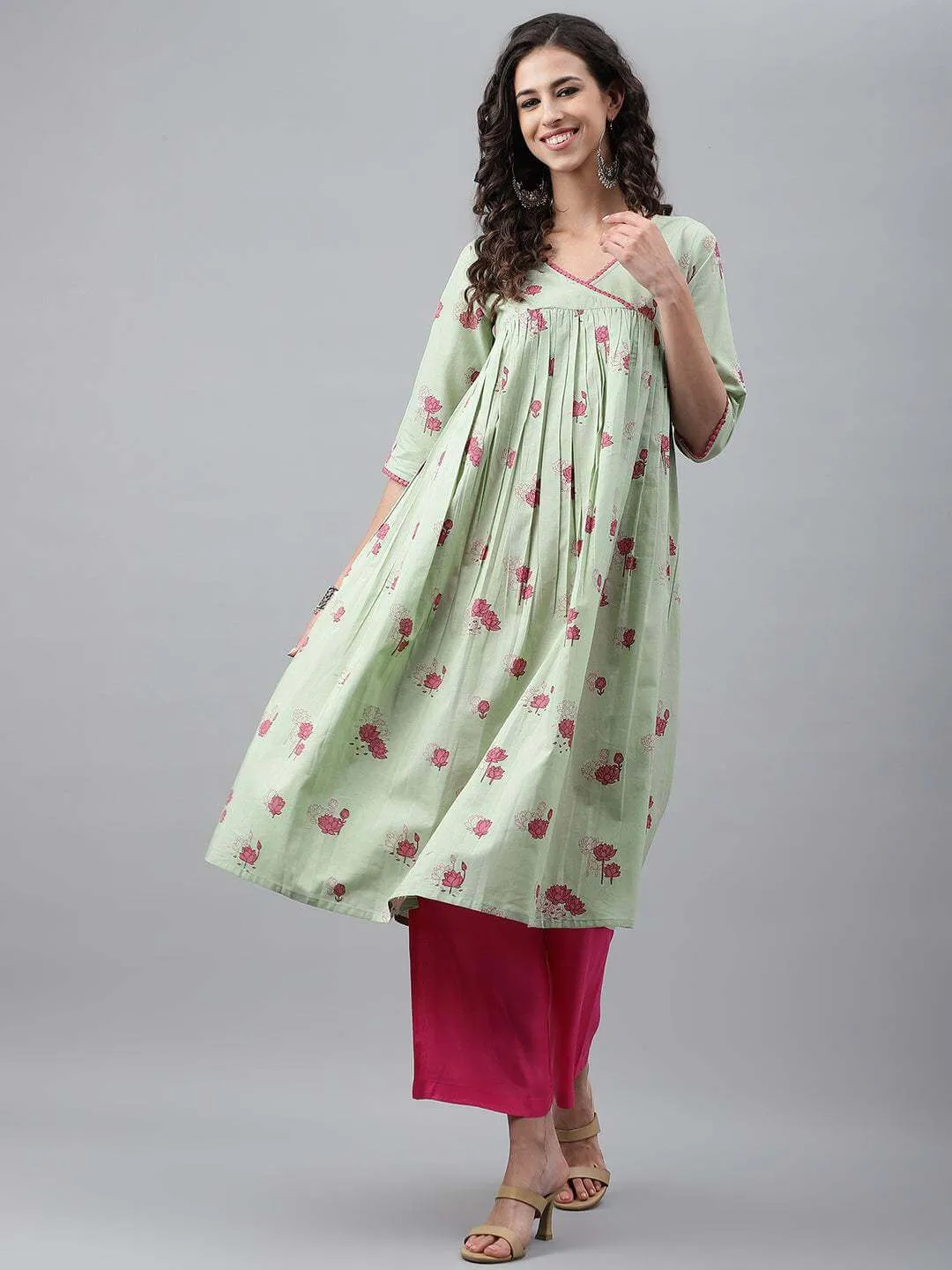 Light Green Cotton Floral Printed Flared Kurta