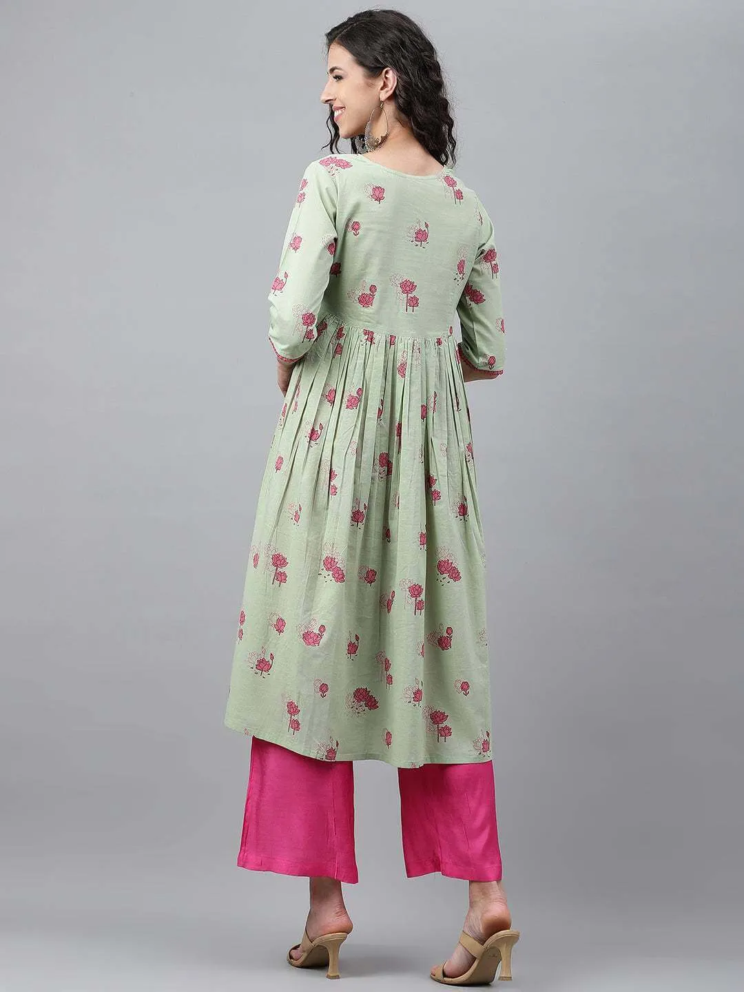 Light Green Cotton Floral Printed Flared Kurta