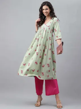 Light Green Cotton Floral Printed Flared Kurta