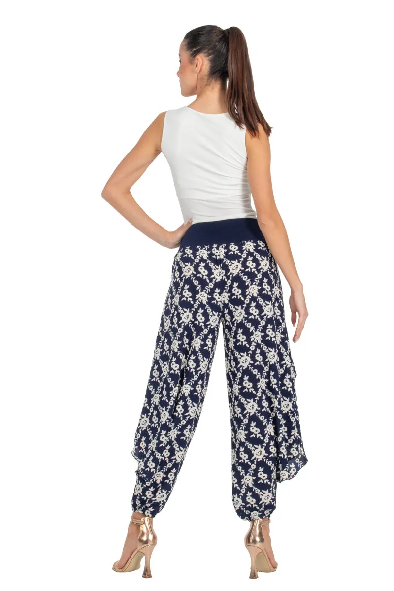 Navy Blue Floral Print Harem Pants With Slits