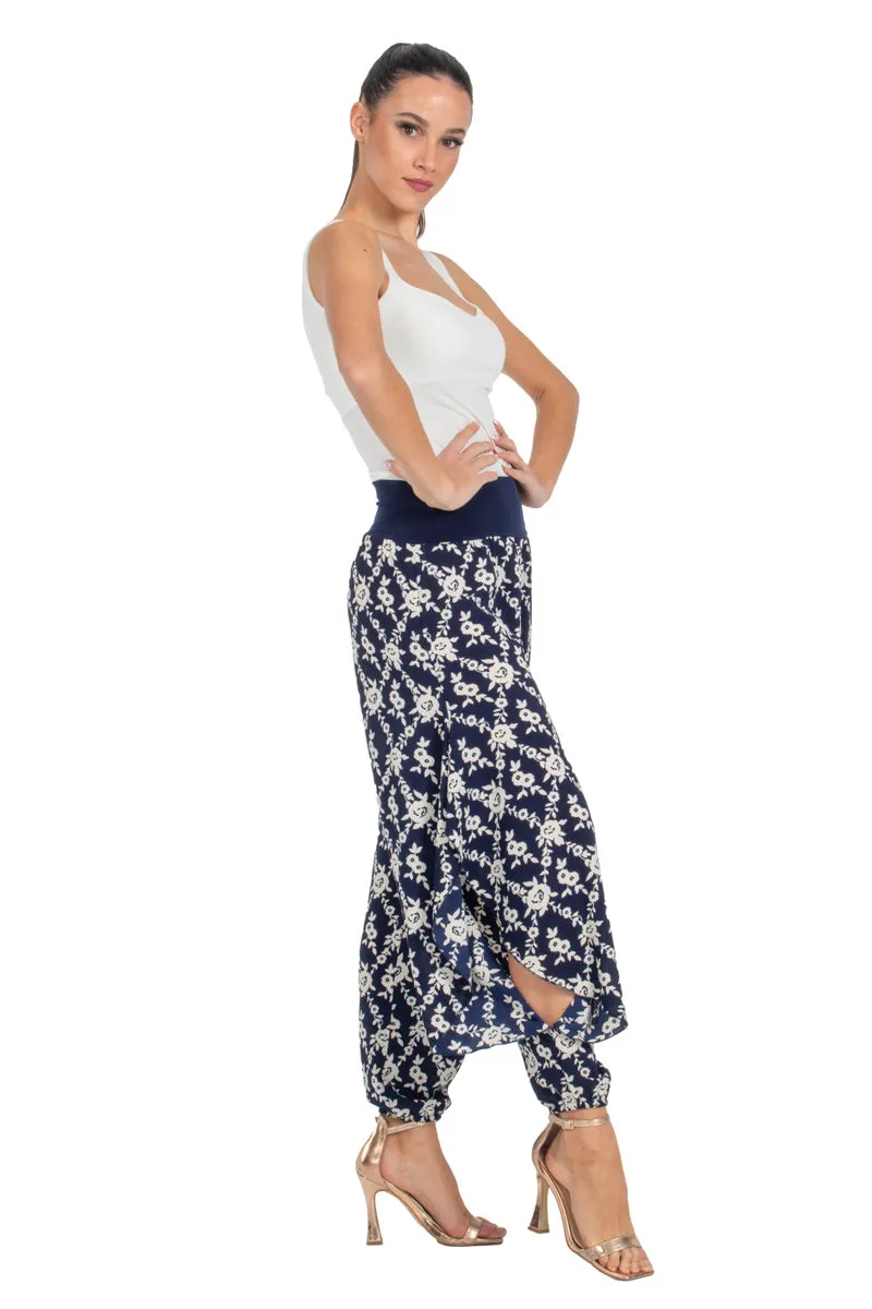 Navy Blue Floral Print Harem Pants With Slits