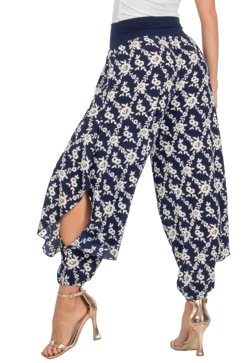 Navy Blue Floral Print Harem Pants With Slits