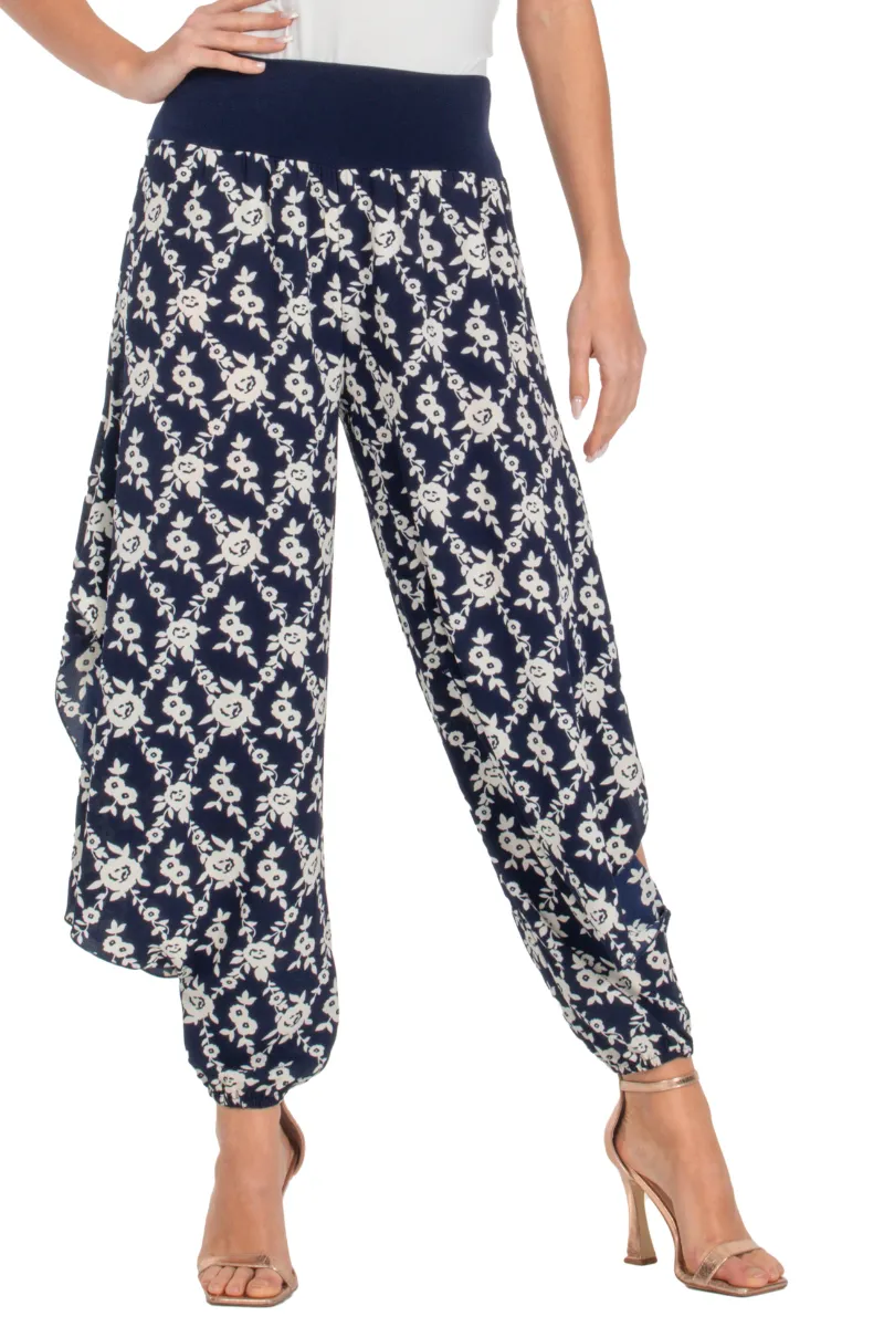 Navy Blue Floral Print Harem Pants With Slits