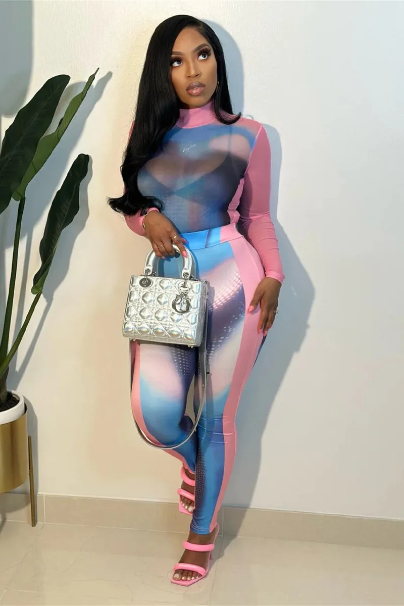 Ombre Color Block Long Sleeve Two Piece Pants Set