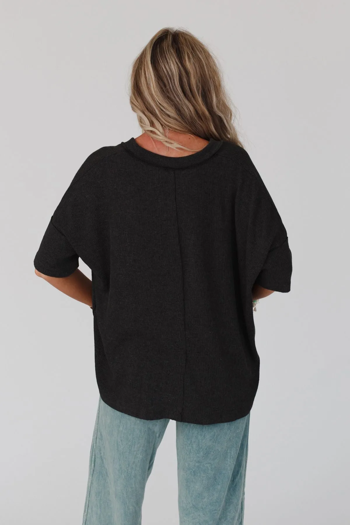 On The Go V Neck Ribbed Essential Tee - Charcoal